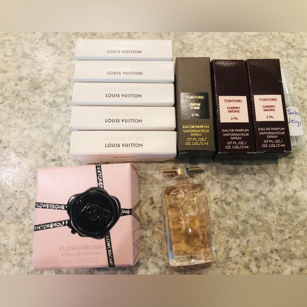 Perfume: LV, Tom Ford, and Deluxe Minis of Flowerbomb and Lancome Idole.